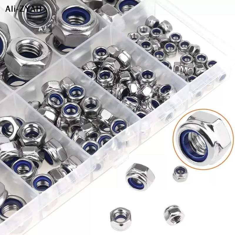 【HY6】【1Y】200Pcs/Pack Stainless Steel Nut t Assortment Kit Hex Nylon Insert Self Lock nut Set M2 M2.5 M3 M4 M5 M6 M8 304 A2-70