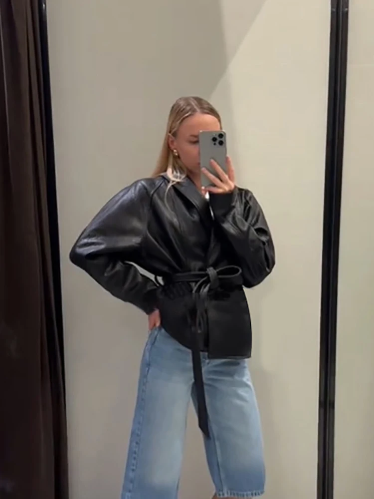 Chic Women Sollid Color Faux Leather Wrap Jacket Lapel Oversized Batwing Sleeve Self Tie Waist Coat Casual Daily Office Outfit