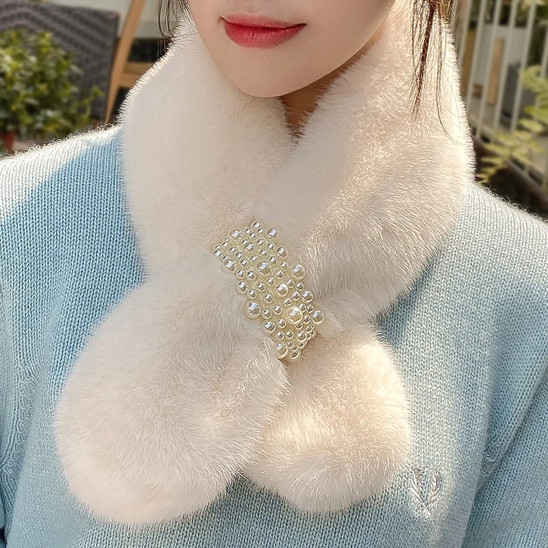 Soft Faux Rabbit Fur Cross Pearl Scarves for Women Korean Winter Plush Thicken Windproof Warm Neck Guard False Collar Scarf