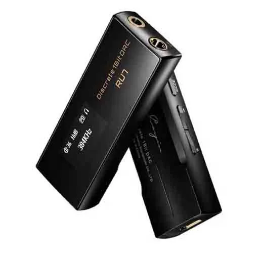 RU7 Discrete 1-bit DAC dongle amplifier with custom leather case, fully balanced resistors, and network communication features