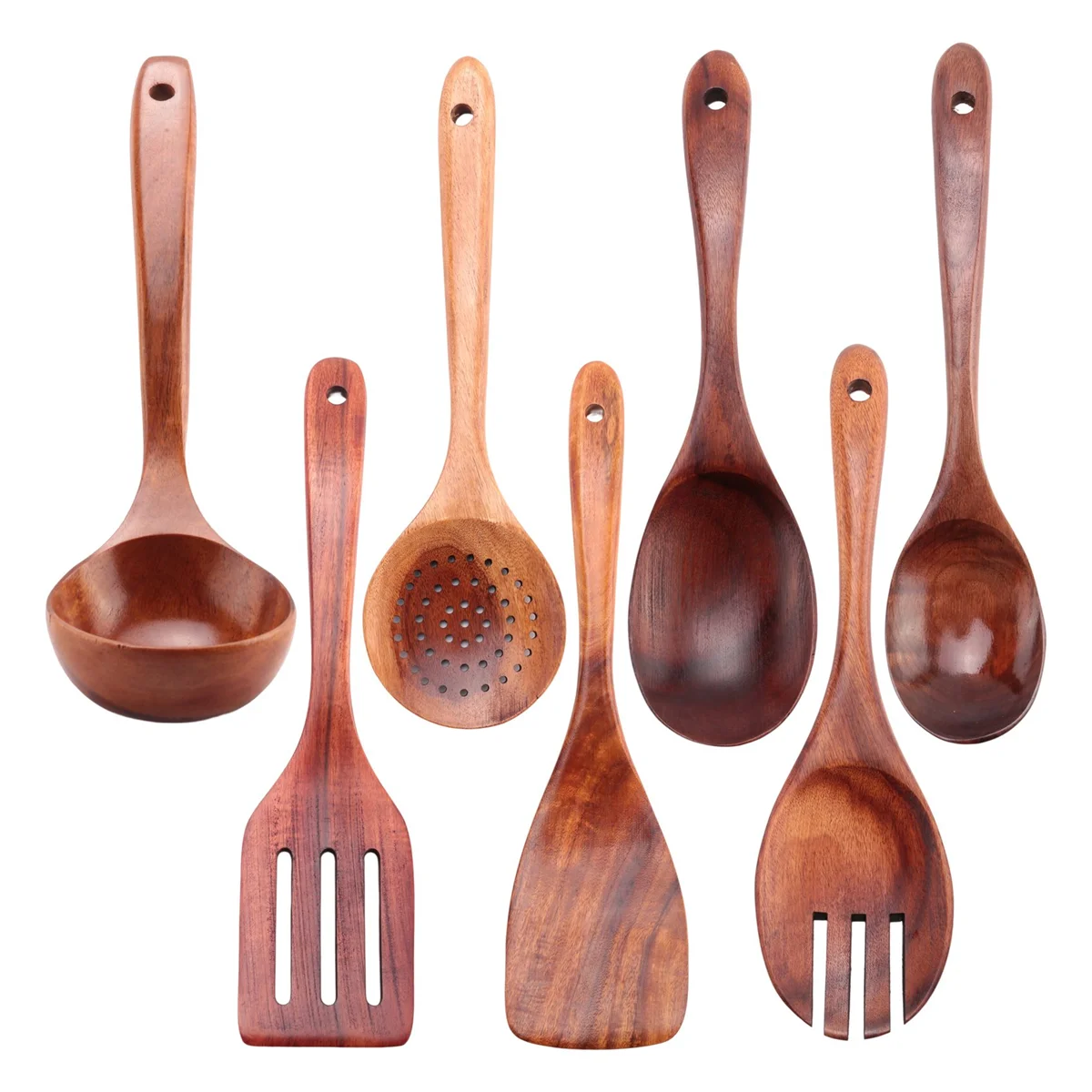 7 PCS Teak Wooden Kitchen Cooking Utensils, Non-Stick Spoons and Spatula Cookware for