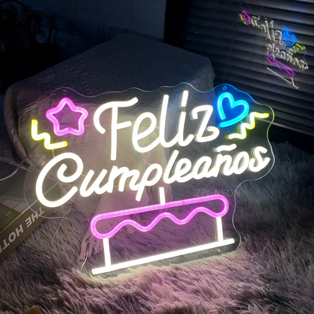 Feliz Cumpleanos LED Neon Sign Spanish Happy Birthday Neon Led Sign Boy Girl Room Decor Party Bar Wall Neon Light Sign Gift USB