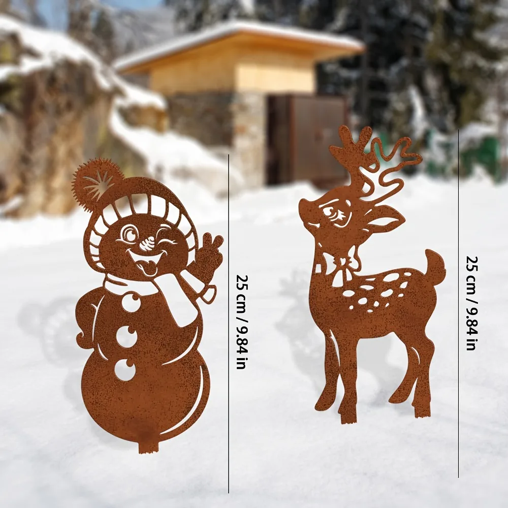 طقم حصة حديقة رجل الثلج على شكل غزال عيد الميلاد المعدني الريفي مكون من قطعتين - ديكور خارجي عالي التحمل يشبه الحديد مع تماثيل غزال شتوية