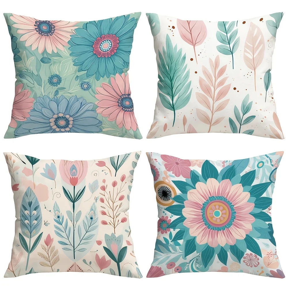 1PC 2D Flat Boho Floral Throw Pillow Covers Soft Pastel Flower Leaf Decorative Pillow Cases for Home Couch Bed No Pillow Core