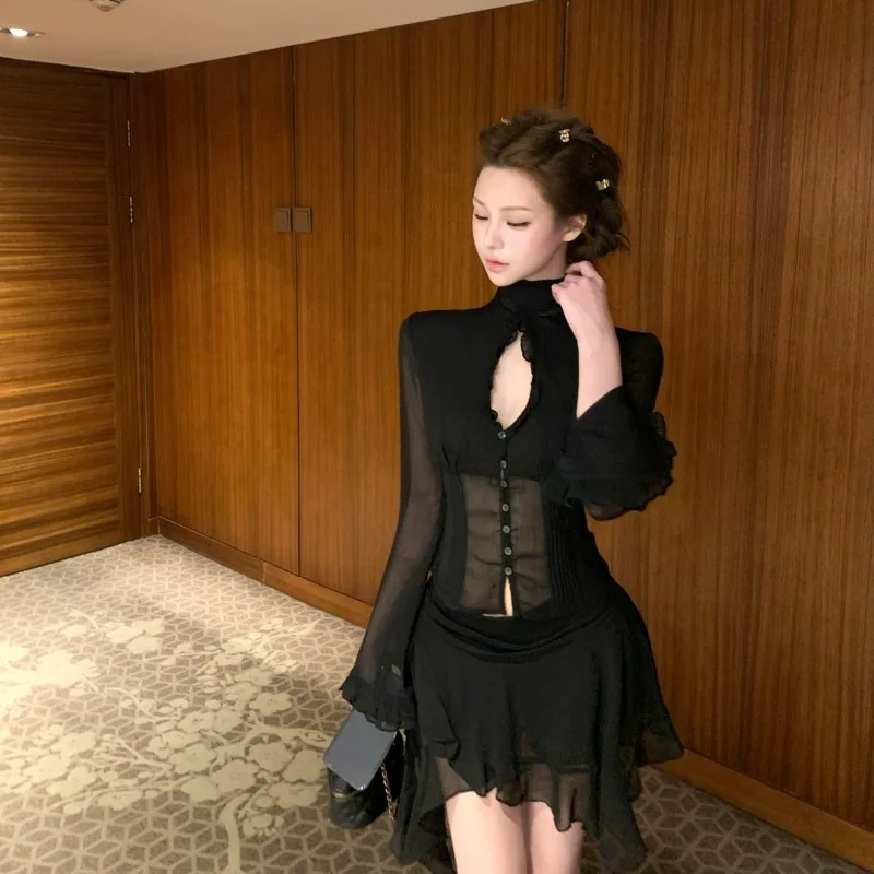 Faionable Long Sve Rüschen Sve Top mit Sa f Rock Schlankheitsset für Frauen Herbst Winter Neuankömmling Ele Design