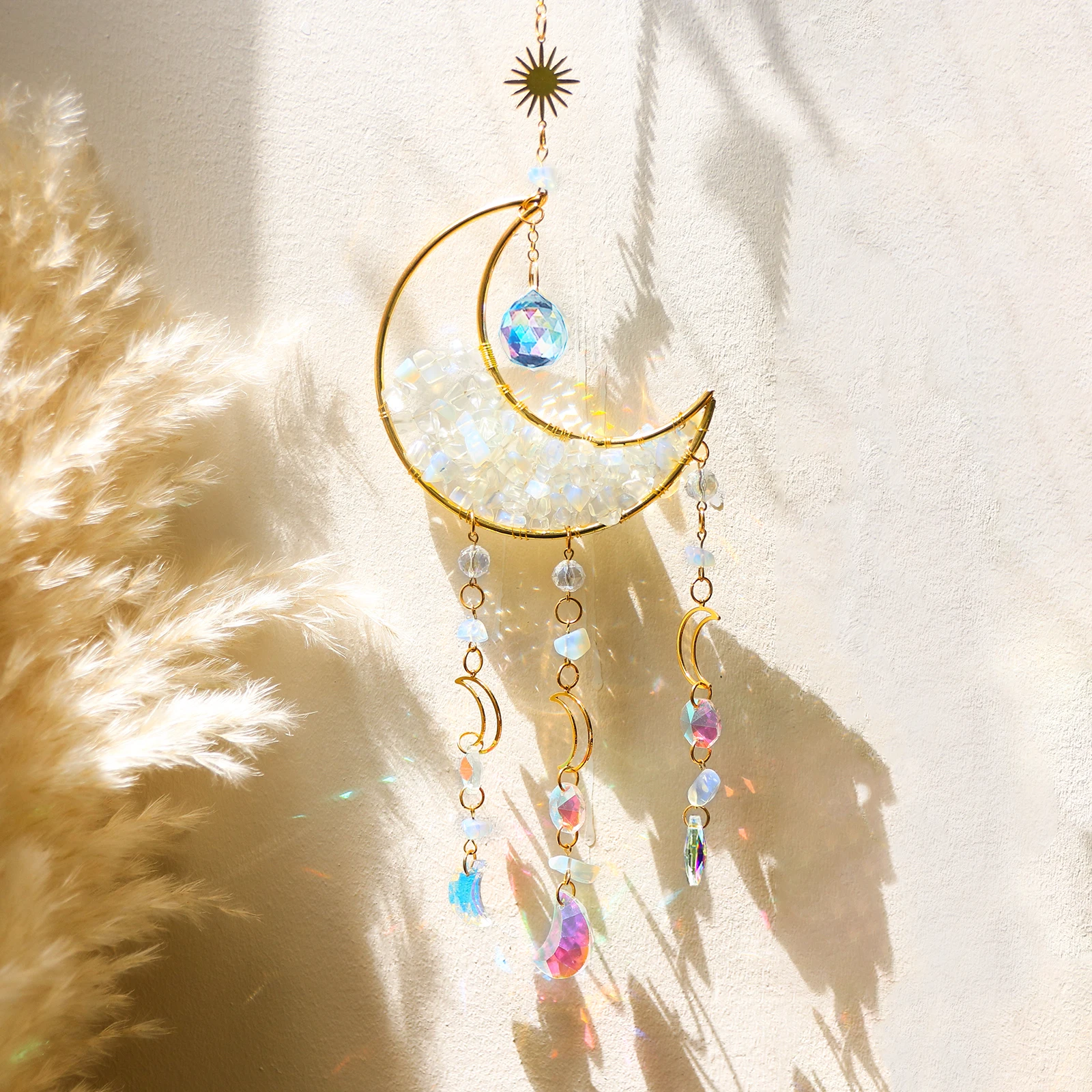 Crystal Suncatcher Moon Star Wall Hanging Decor Healing Crystals Rainbow Maker for Garden Outdoor Decoration Spring Window Decor