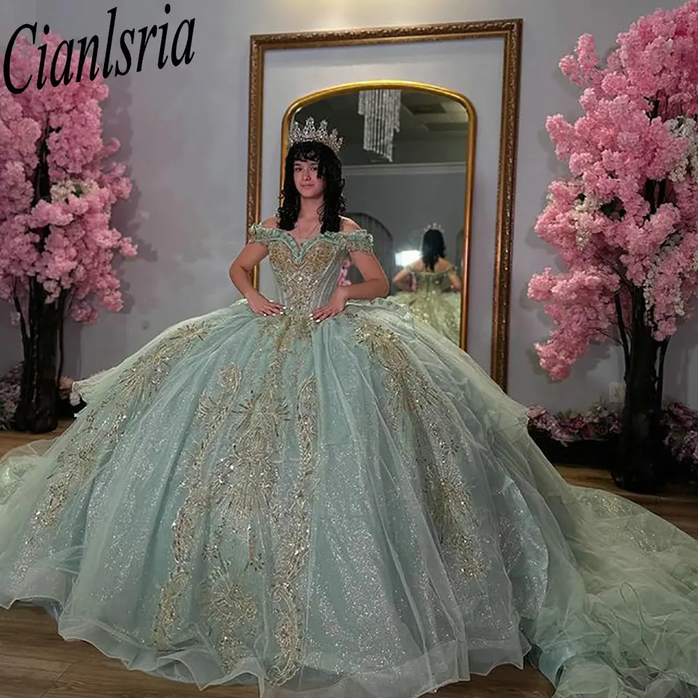 فساتين Quinceanera مكشوفة الكتف باللون الأخضر النعناعي فستان حفلة مزين بالدانتيل مطرز بالخرز مشد مخصص فيستدوس دي XV Anos