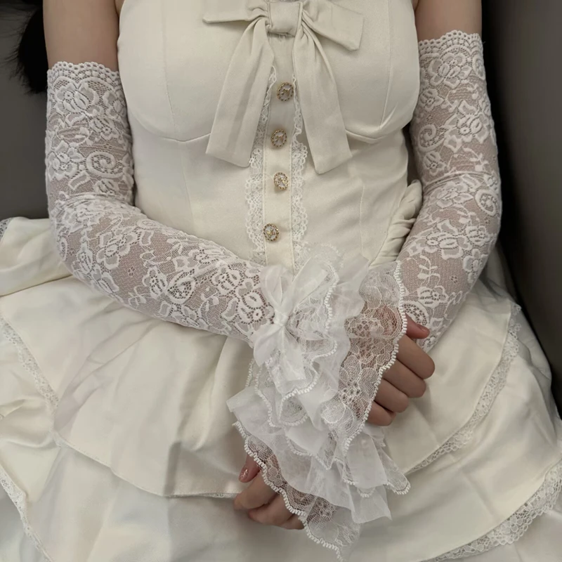 Dulce princesa encaje fino mangas largas extraíbles cubierta de brazo ahuecado volantes elásticos guantes florales para fiesta de boda