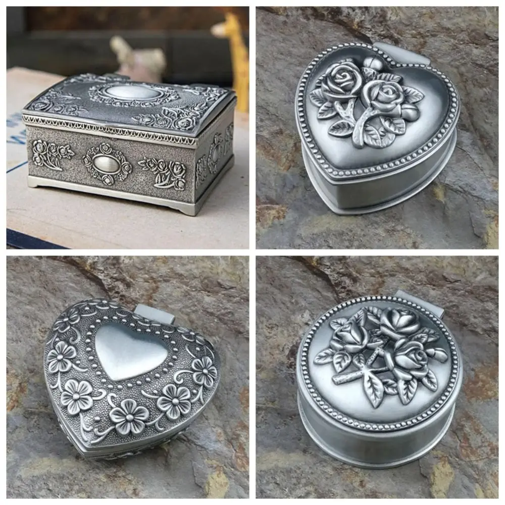 

Vintage Flower Metal Jewelry Box Heart Shaped Dustproof Ring Bracelet Organizer Retro Home Decor Ring Trinket Storage