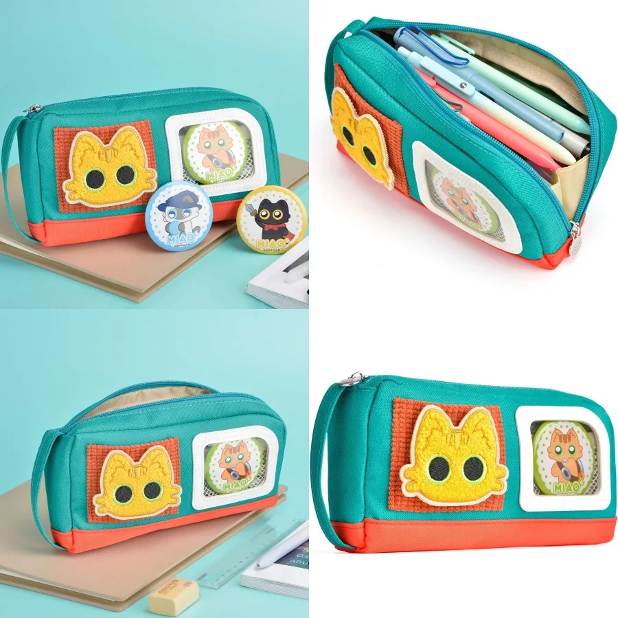 

Large Capacity Pencil Case with Adorable Cat Design for Teen Girls and Boys Featuring Magic Sticker and Decoration Badges Ideal