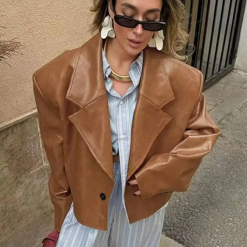 Veste en cuir Pu pour femme, manteau à manches longues, col rabattu, boutons, Locomotive, Streetwear urbain, automne 2025