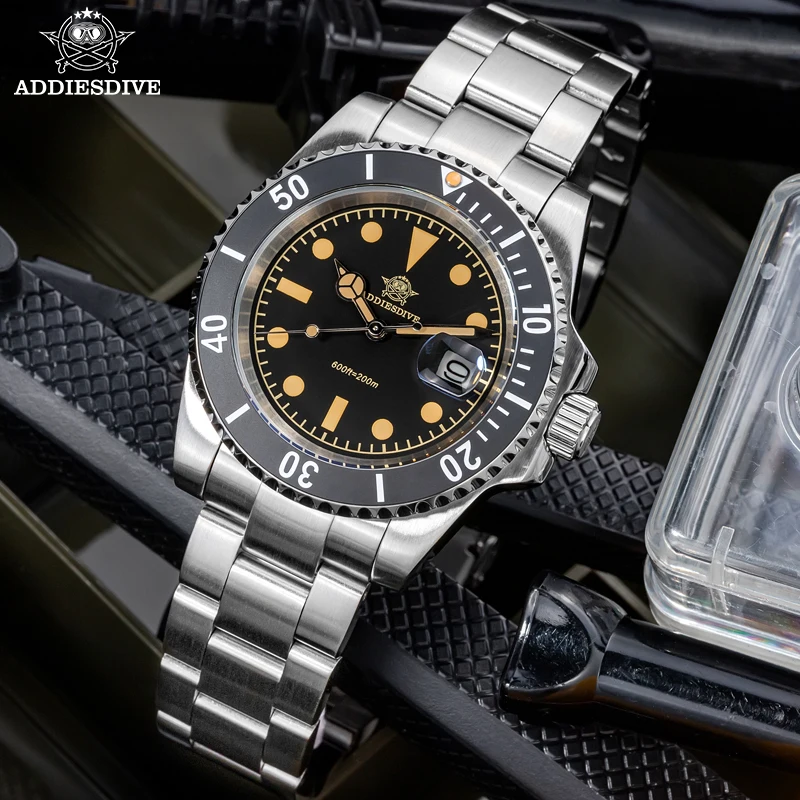 

ADDIESDIVE New Watch For Men Quartz Wristwatch Ceramic Bezel Diving 200m Retro C3 Luminous 41mm Automatic Date Diver Men's Watch
