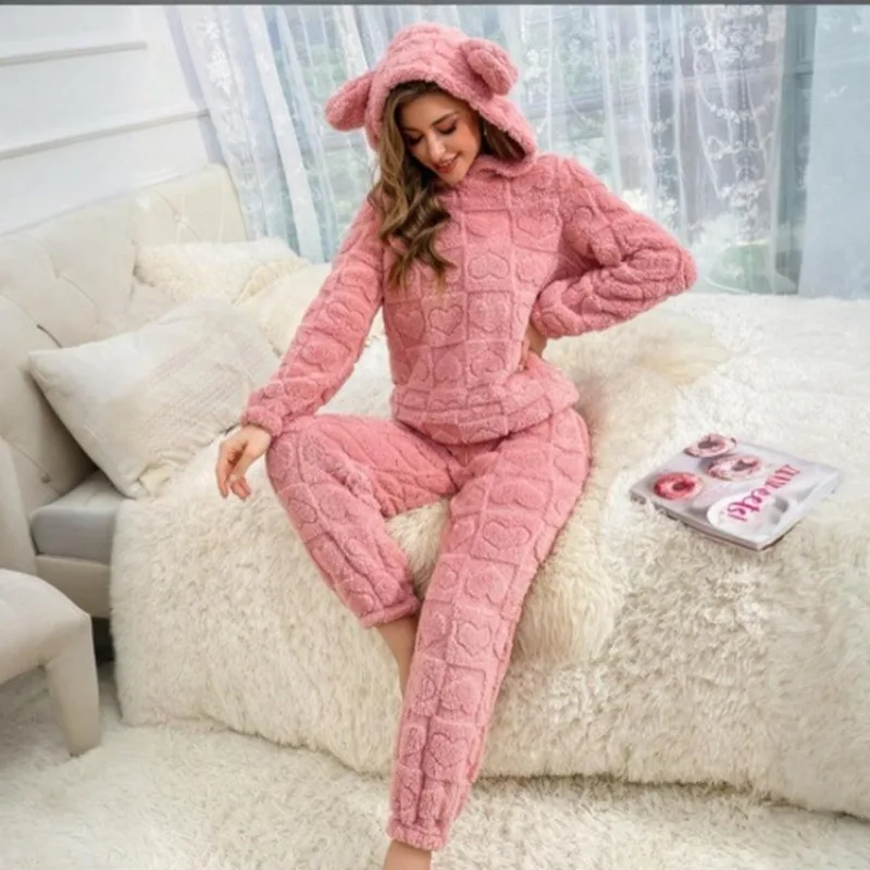 2025 Winter Velvet Fabric Pink Square Heart Jacquard Set Casual Plush Loungewear Hooded Sweatshirt Outfit for Women