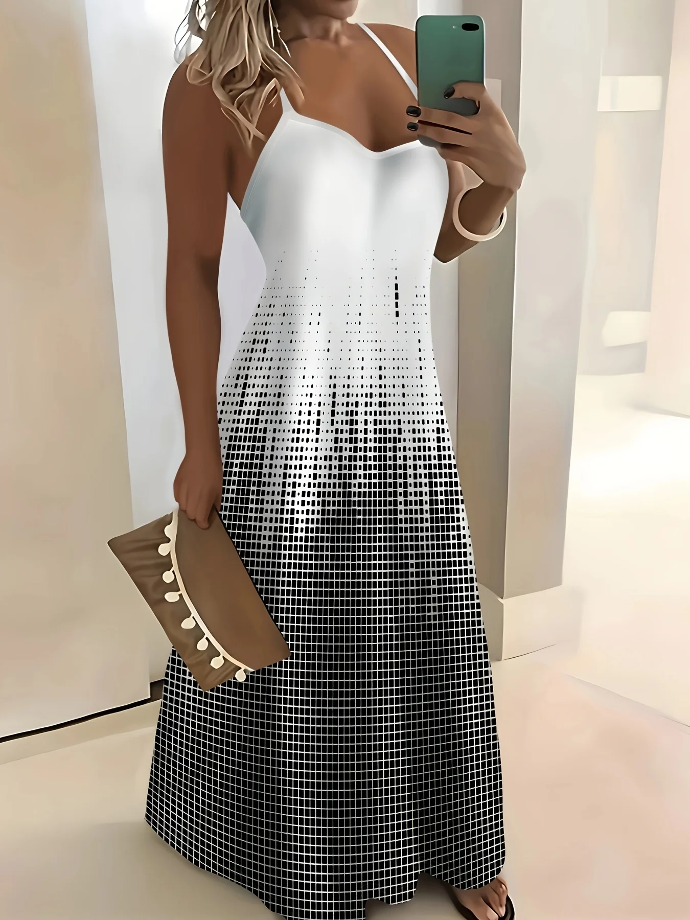 

Casual style Gradient Grid Pattern Print Dress round neck dress