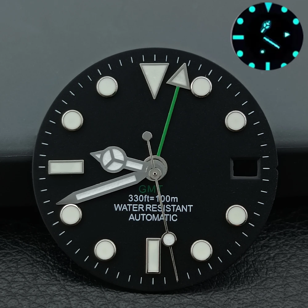 NH34/NH35 single calendar movement dial GMT 28.5mm black sterile watch dial blue-green luminous watch dial watch accessories