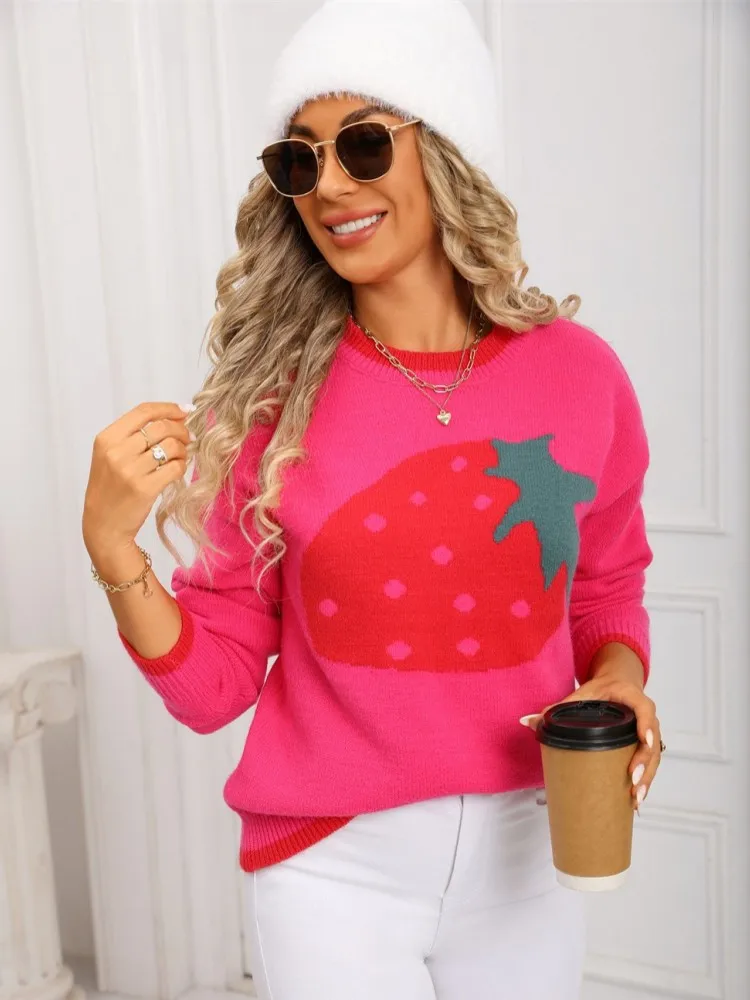 2025 Autumn Women O-Neck Ruffles Sweater Long Sleeve Knitted Bottoming Strawberry Pullovers Stripe Women Casual Sweater Winter