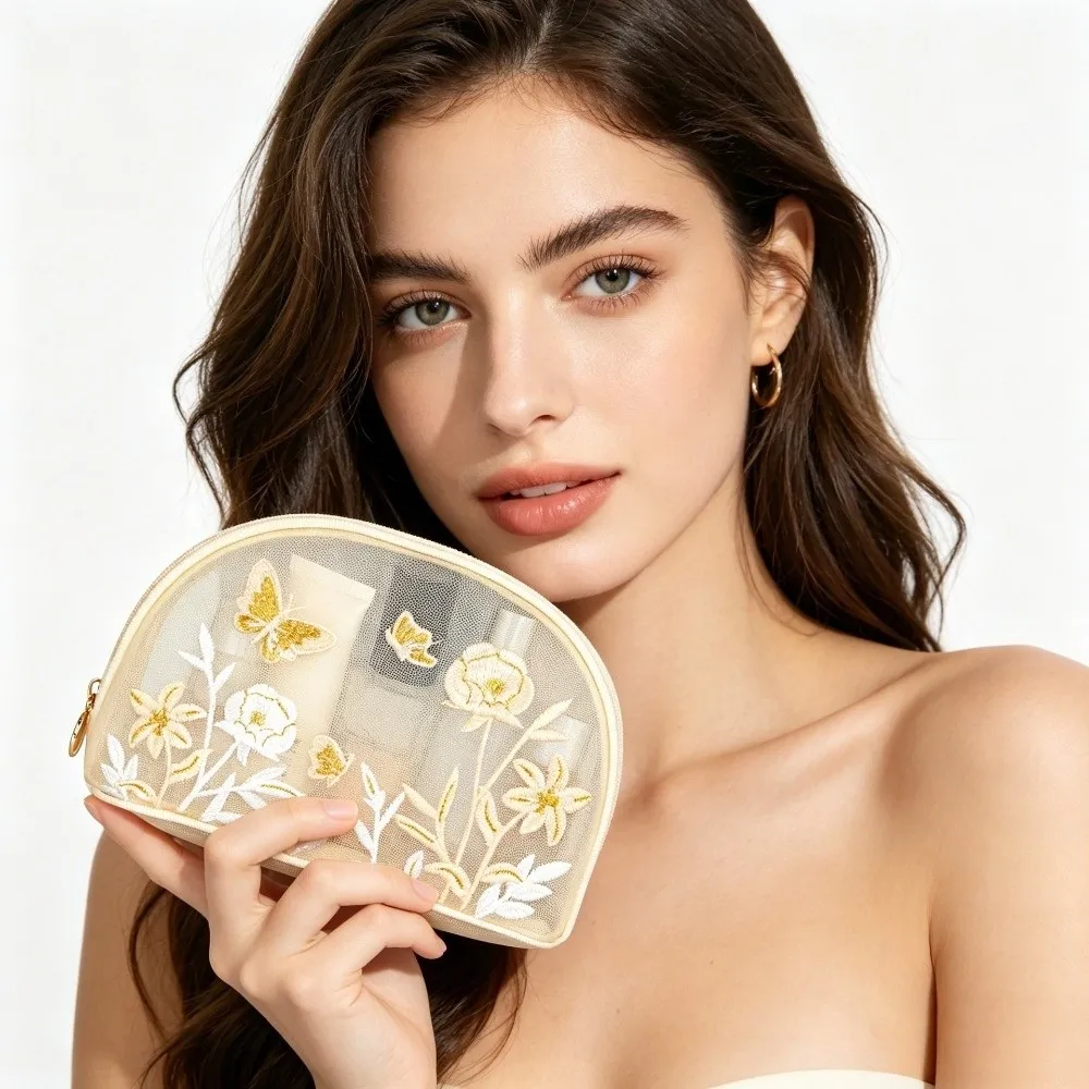 Large Capacity Toiletry Bag Embroidery Butterfly Shell Cosmetic Storage Bag Transparent Mesh Makeup Bag Storage Organizer