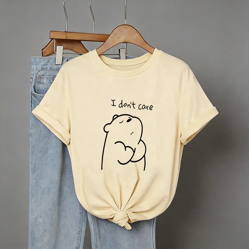 90s Casual Graphic T Shirt with A Cartoon Bear and An English Slogan Women's Crew Neck Short Sleeve Tshirt Y2k Tees Tops Clothes