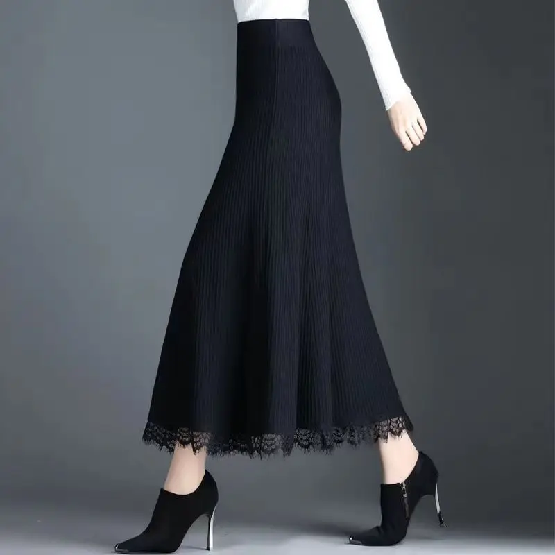 

Knitted Long Skirt Women Winter Warm Midi Female Elegant Casual Pleated Lady lace patchwork High Waist A Line R366