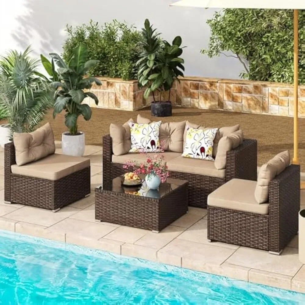 5 Pieces Patio Furniture Set, Wicker Outside Couch with Table for Porch Lawn Backyard , All-Weather PE Rattan Conversation Set