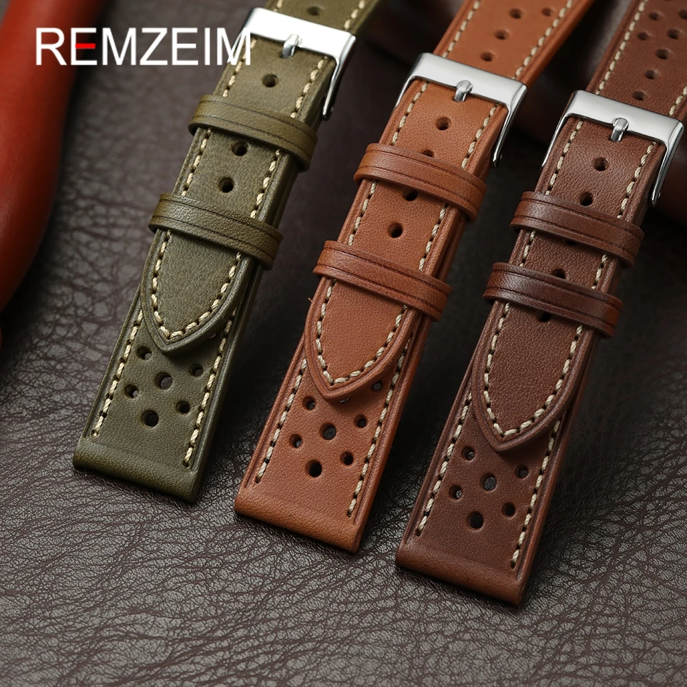خمر اليدوية الطبقة الأولى جلد البقر حزام الساعات 20 مللي متر 22 مللي متر الساعات سوار الرجال النساء تنفس حزام ساعة اليد