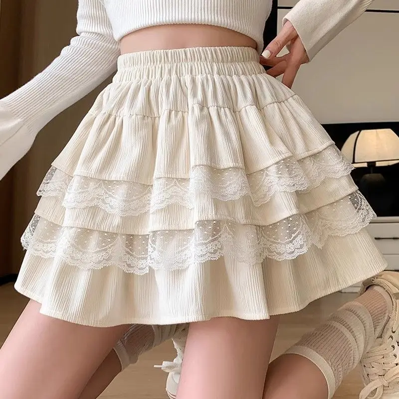 

Lace Skirt Spring Autumn Women 2025 New Korean Style Student High Waist Patchwork A-line Cake Puff Short Skirt