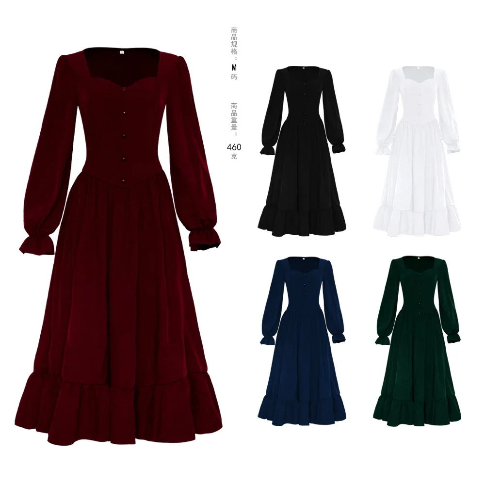 Gothic Medieval Dress Women Vintage Long Sleeve Sweetheart Dress Soild Court Style Dresses Formal Banquet Prom Party Dresses