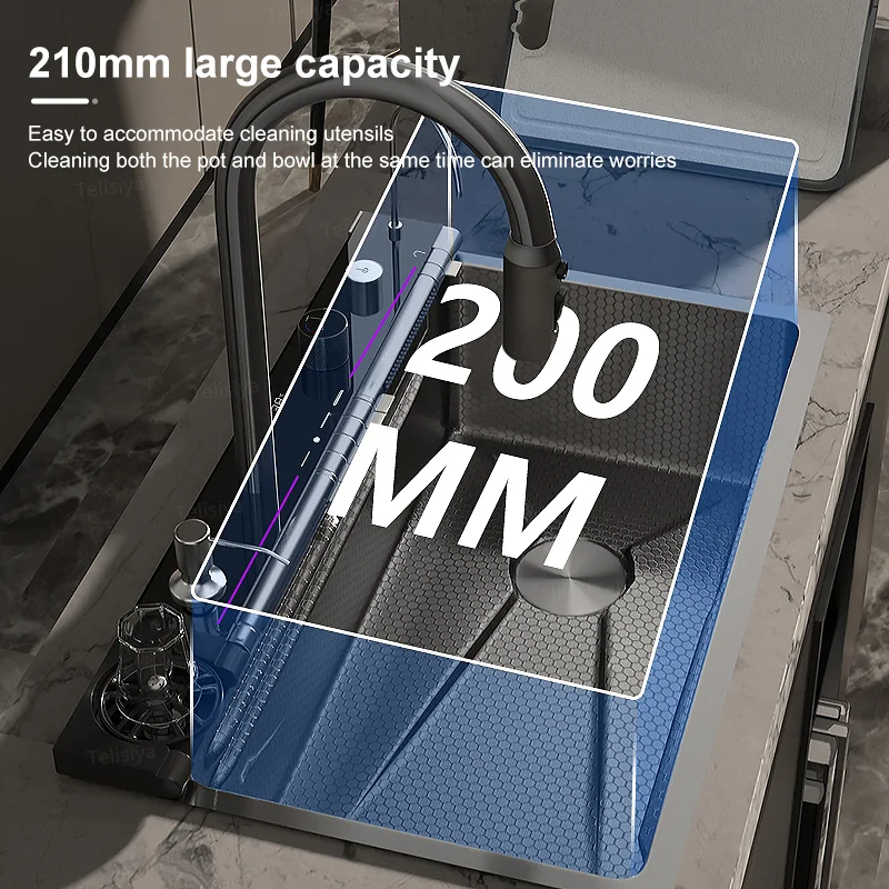 Imagem -03 - Pia de Cachoeira Giratória de Pia de Cozinha Multifuncional Grande Slot Único Lavatório com Display Digital Integrado Novo Aço Inoxidável
