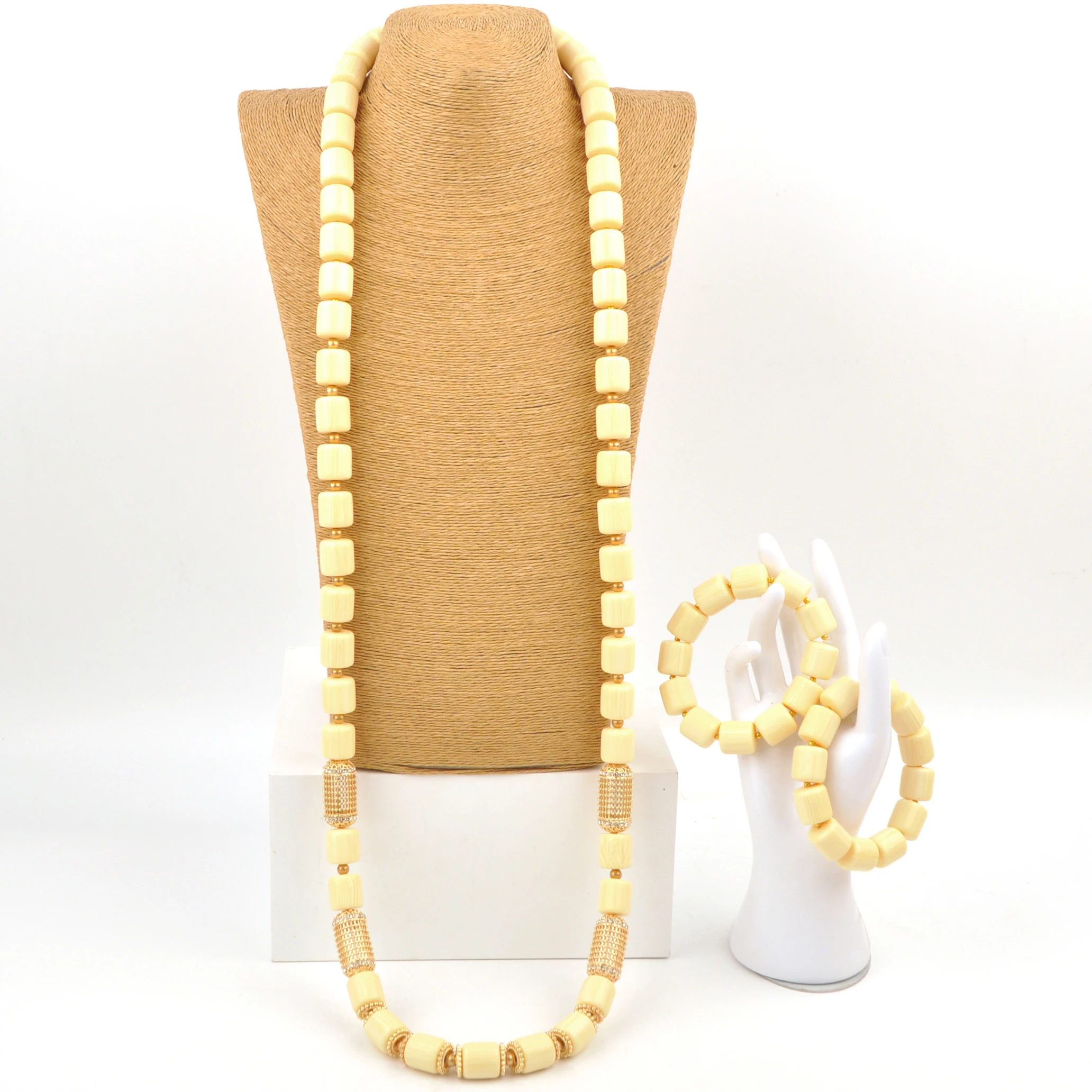 

African Wedding Nigerian Groom 50inches Necklace Bracelet Sets White Artificial Coral Jewelry Set for Men