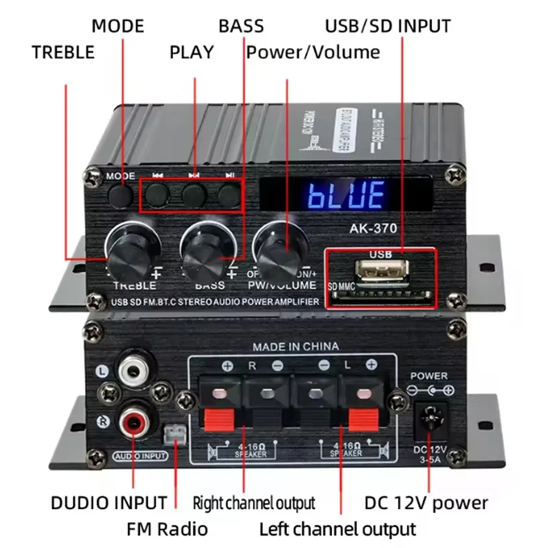 Y43A-AK370 For Car Digital Audio Sound Amplifier Channel 2.0 HIFI Bluetooth Amp 12V3A For Bass Treble Home