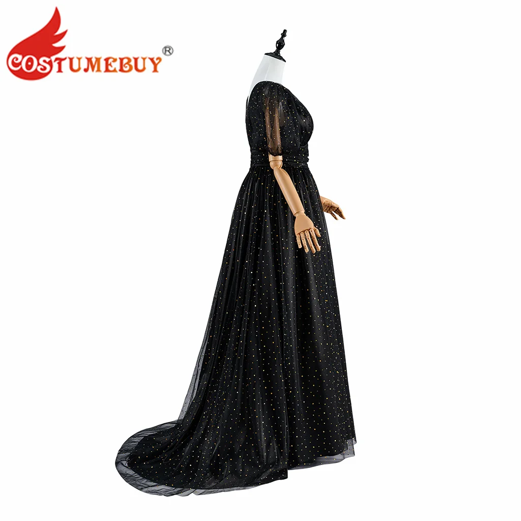 

Victorian Women Black Short Sleeve Sequin Mesh V-Neck Dress Retro Tulle Puff Sleeves Elegant High Waist Maxi Dress Evening Gown