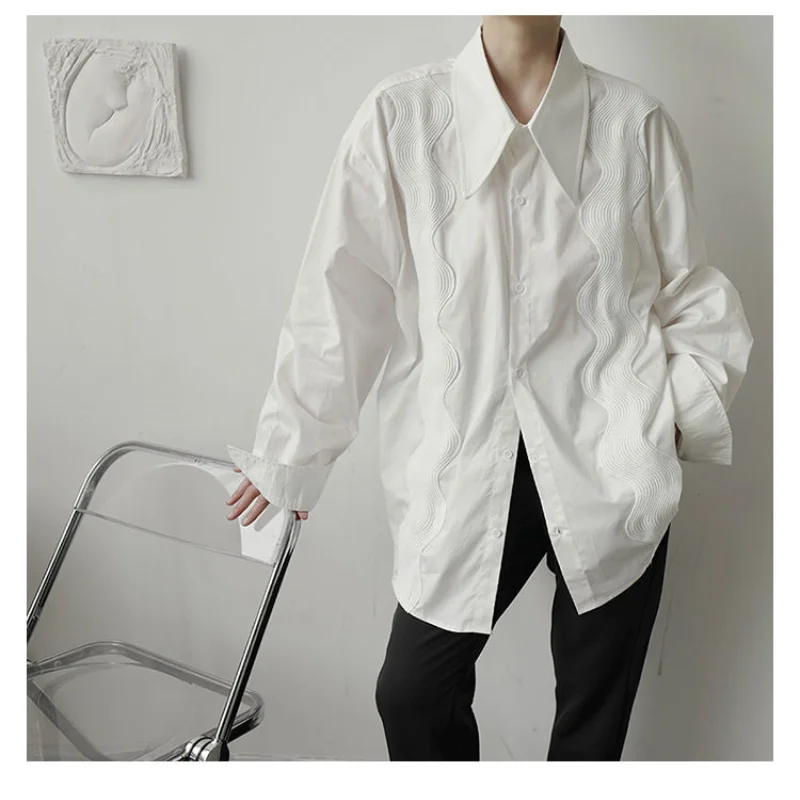 2023 Spring Summer New French Long Sleeve Men\'s Clothing Trend Loose Lapel Spliced Button Casual Printed White Simplicity Shirt