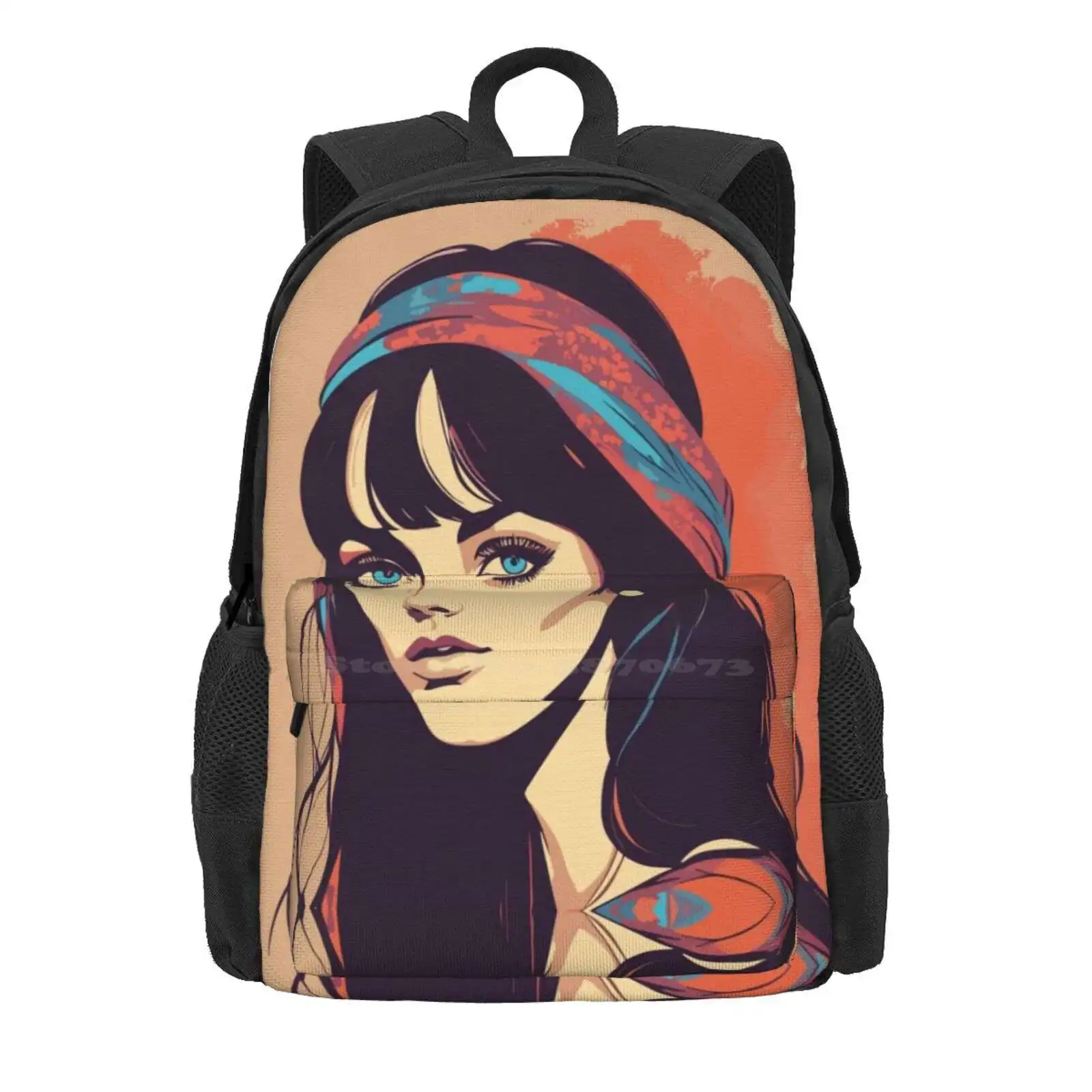 Portrait Young Hippie Woman Vintage Sixties Seventies Hot Sale Schoolbag Backpack Fashion Bags Vintage Portrait Retro Women Pop