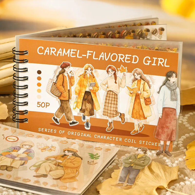50 Original Character Sticker Book Caramel Girl Series Coil Binding Large Quantity Autumn Outfit Theme Cute stickers