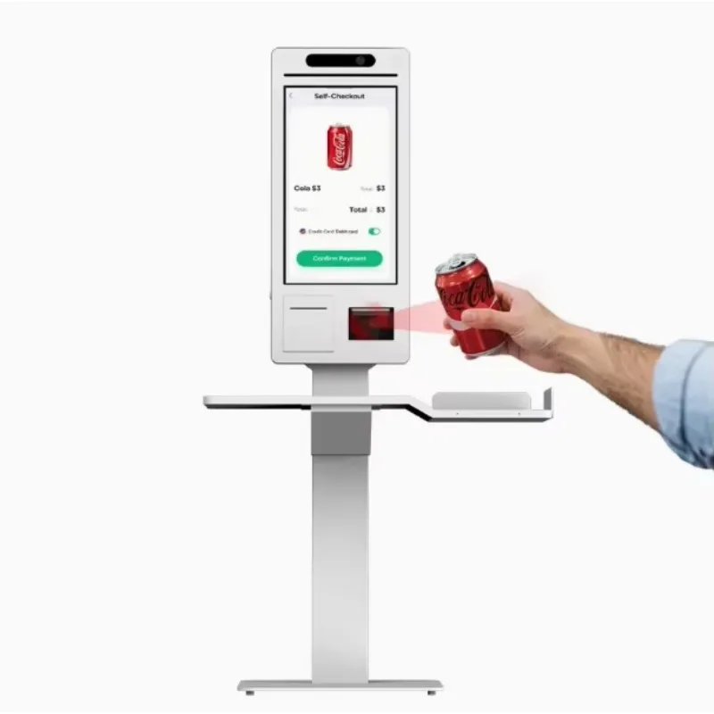 Floor Standing Smart Self-Service Kiosk with Tray Table for Retail Supermarket Grocery Stores