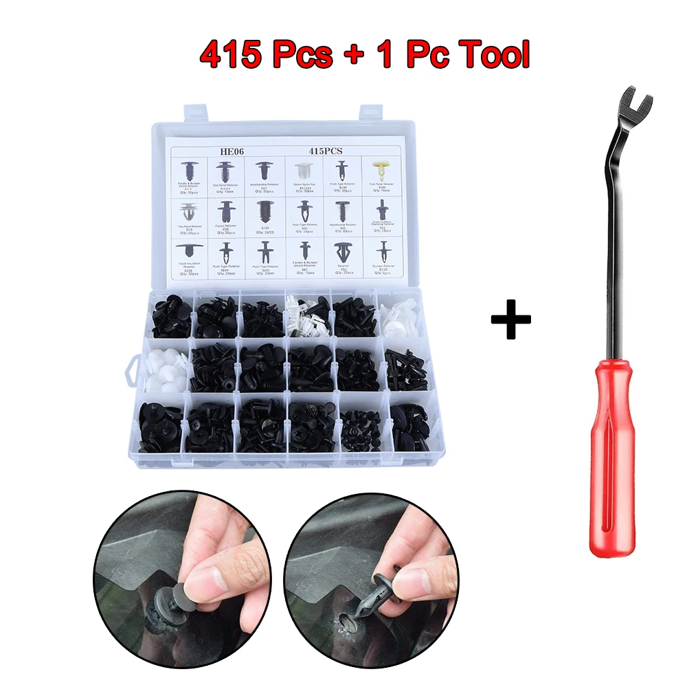 Car Plastic Fastener Clips 18 Sizes 415Pcs With Hand-held Crowbar Tool Kit Auto Trim Plastic Rivets Fastenning Clips