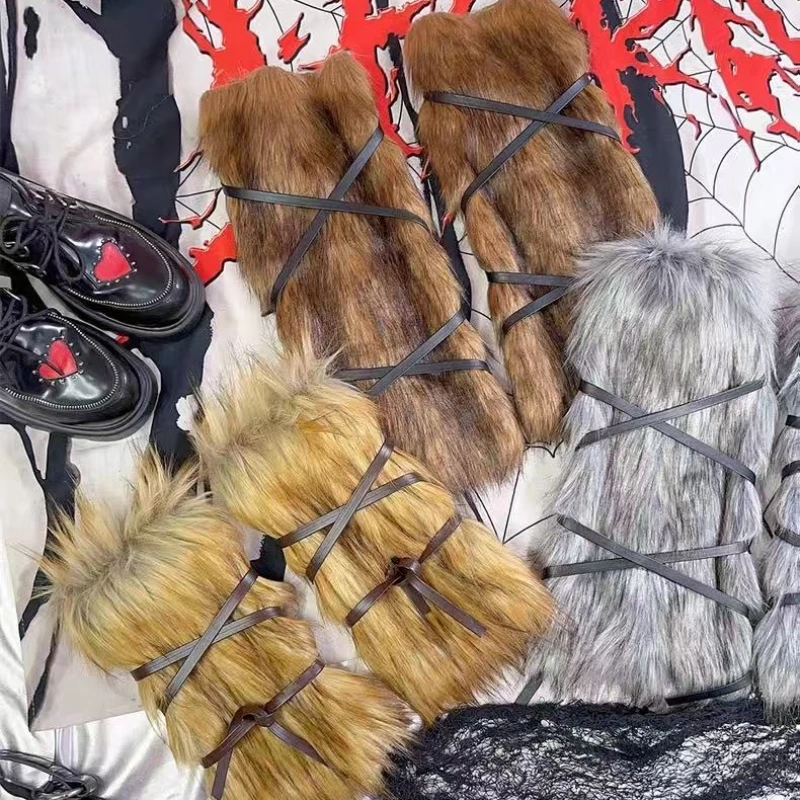 Winter Faux Wool Warm Leg Warmers Tie Down Extra Long Sleeve Set Punk Style Arm Warmers Boot Warmers Halloween Stage Costumes