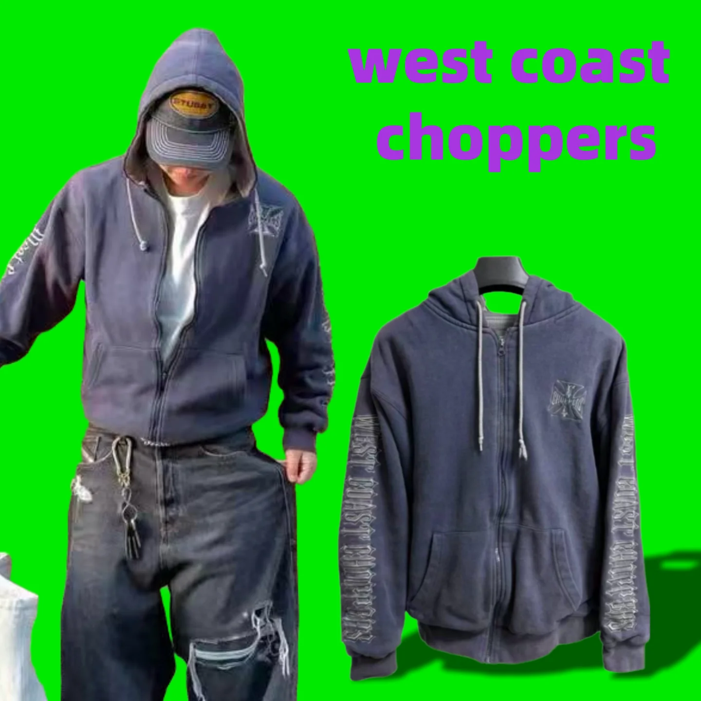 

Мужская толстовка West Coast Choppers 25SS, фиолетовая, с эффектом потертости, винтажная вышивка, длинный рукав, на молнии, удобная флисовая толстовка