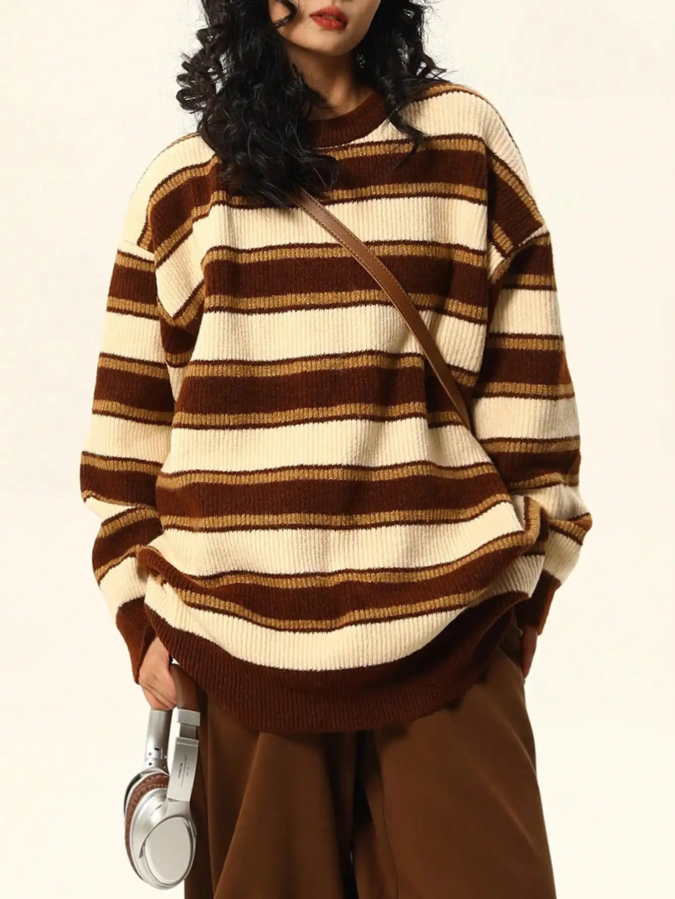 

Women's Vintage Loose Striped Knit Pullover Sweater, Autumn Winter Casual Longline Crew Neck Top