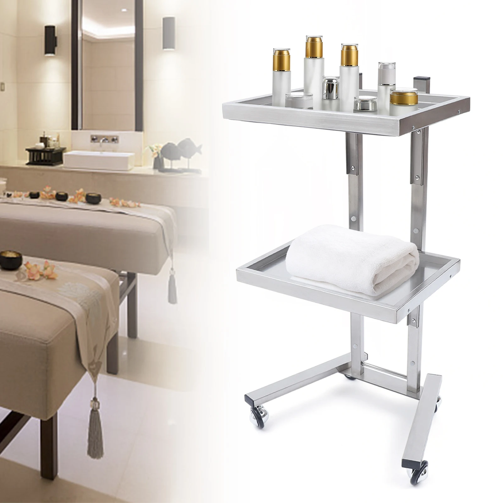 2 Tier Beauty Salon Stand Rolling Cart SPA Beauty Holder Foldable Tray Trolley