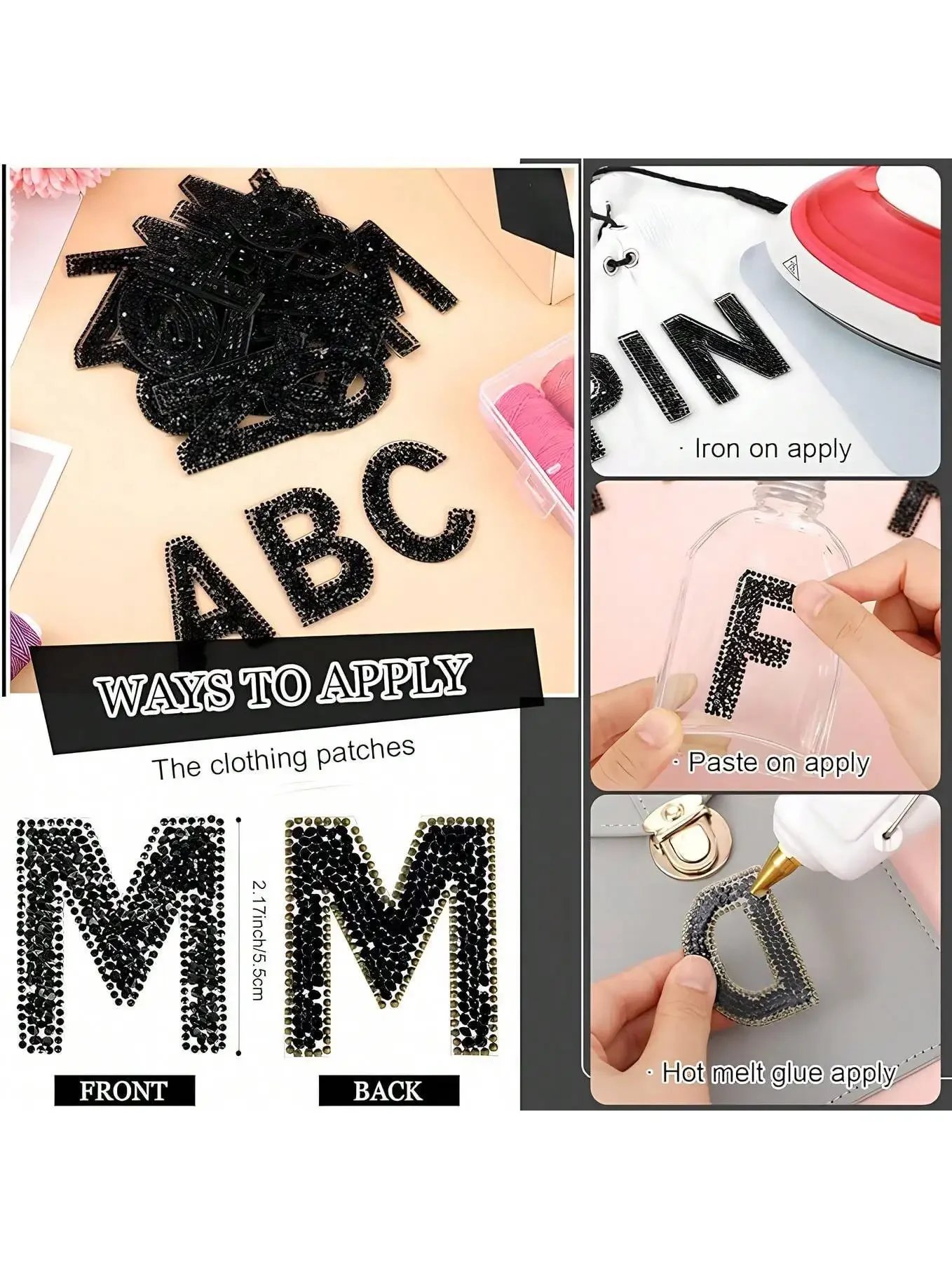 1Pcs Glitter Rhinestone Initial Letter Iron On Patches，A-Z Pearl Bling Glitters Alphabet Stickers