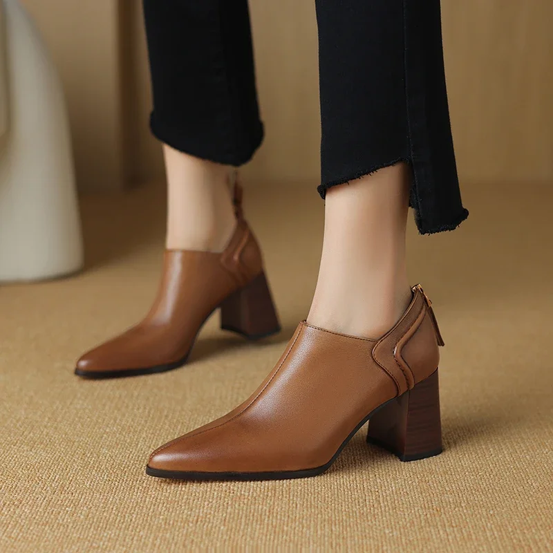 2024 new Women pumps natural leather 22-25cm washed cowhide+pigskin full leather thick heel back zip Vintage women shoes