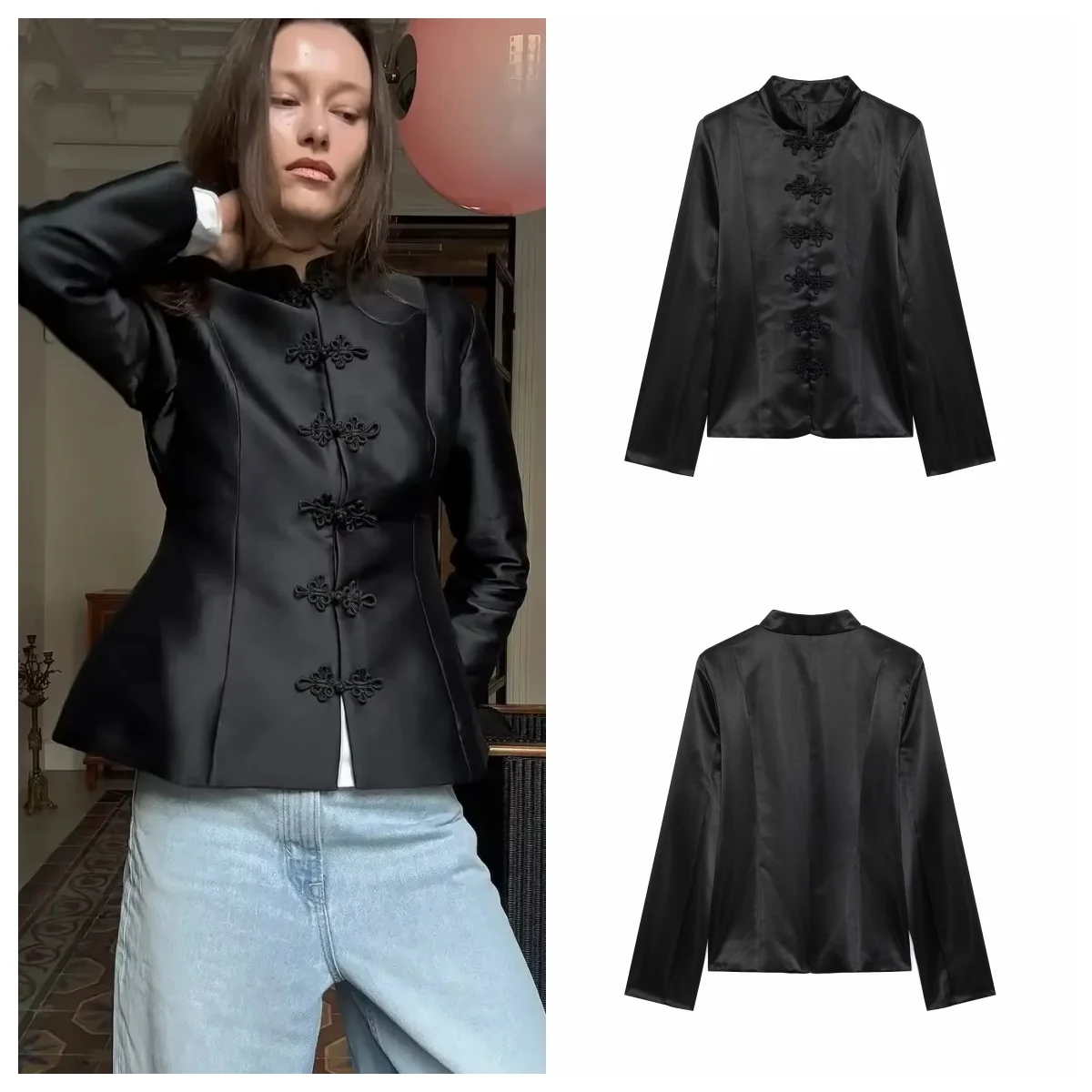 Guobioziy Elegant Satin Button Women's Blazer Chinese Stand Collar Slim Jacket 2026 Autumn Fashion Women's Holiday Party Outfit