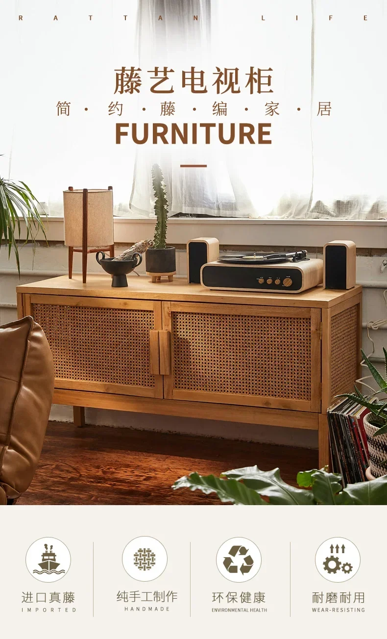 A Rattan All Solid Wood TV Cabinet Nordic Postmodern Small Apartment Living Room Furniture Ash Wood Swing Door Floor Cabinet4593