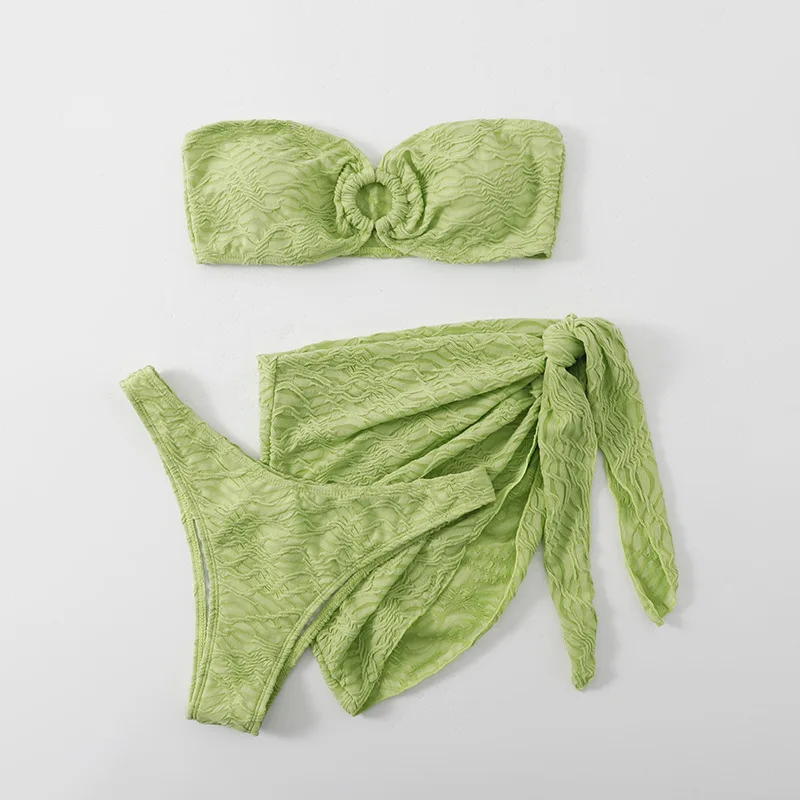 

With Sarong Bandeau Strapless Wrinkled Bikini Women Swimwear Female Swimsuit Three-pieces Bikini set Bather Bathing Suit