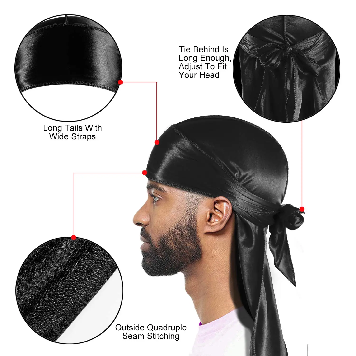 الساتان Durag قبعة عمامة الباروكات Durag السائق حك قبعة قرصان قبعة للرجال إكسسوارات الشعر ذيل طويل الأشرطة العصابات 1 قطعة