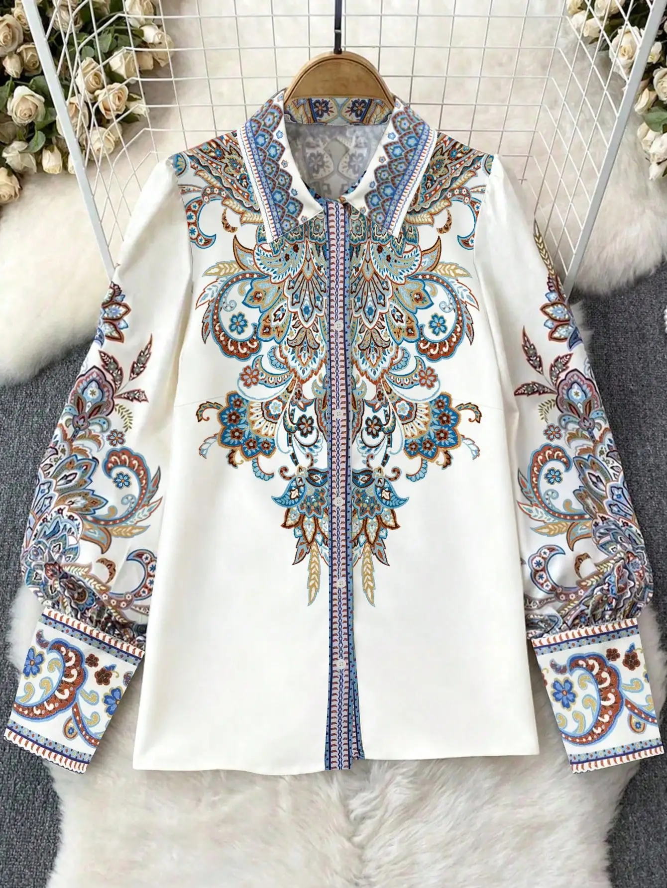 

Блузка с богемным принтом, отложным воротником и длинными рукавами, белая, больших размеров, для женщин
