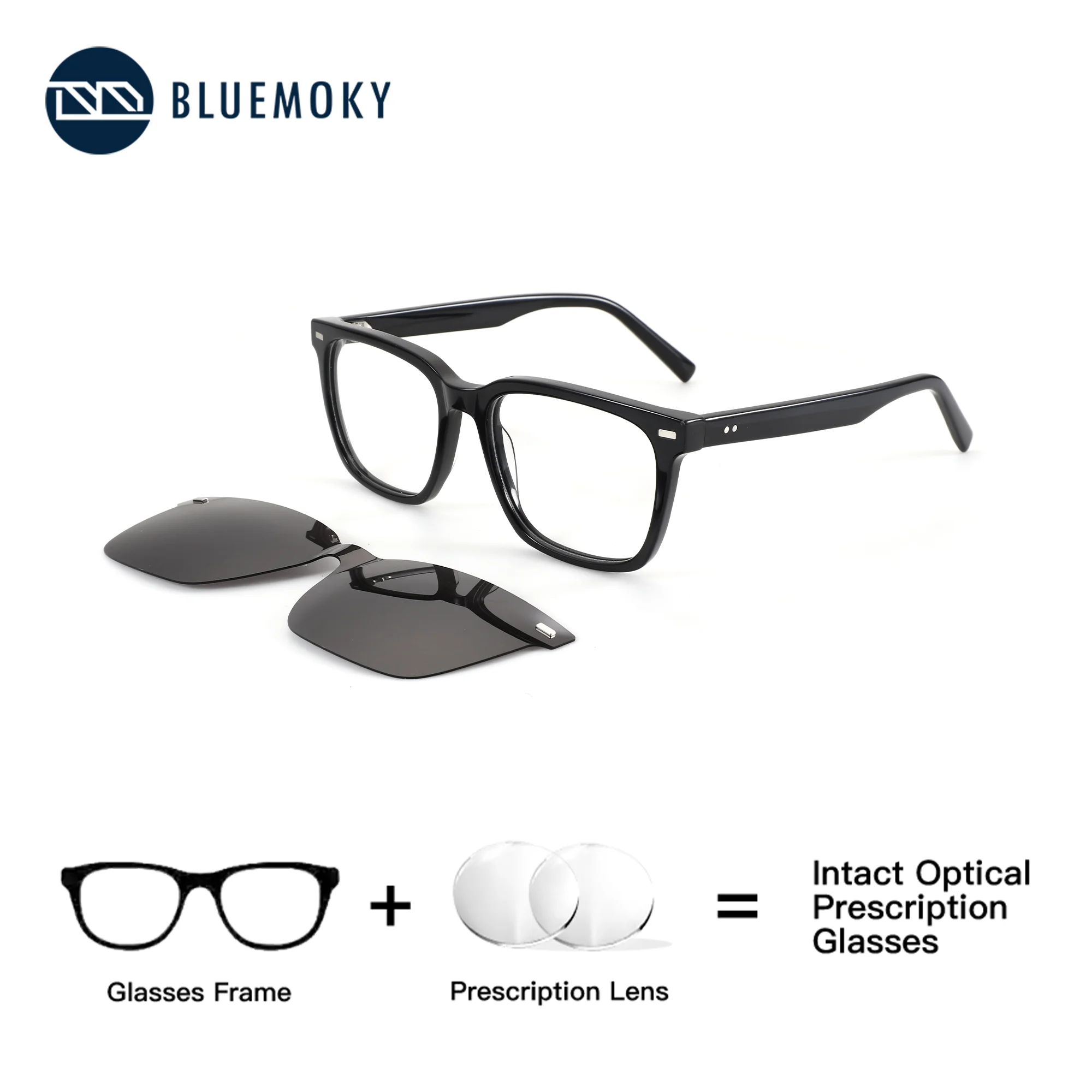 BLUEMOKY M Size Square Polarized Magnetic Clip On Prescription Myopia Glasses Acetate Anti Blue Light Optical Eyeglasses