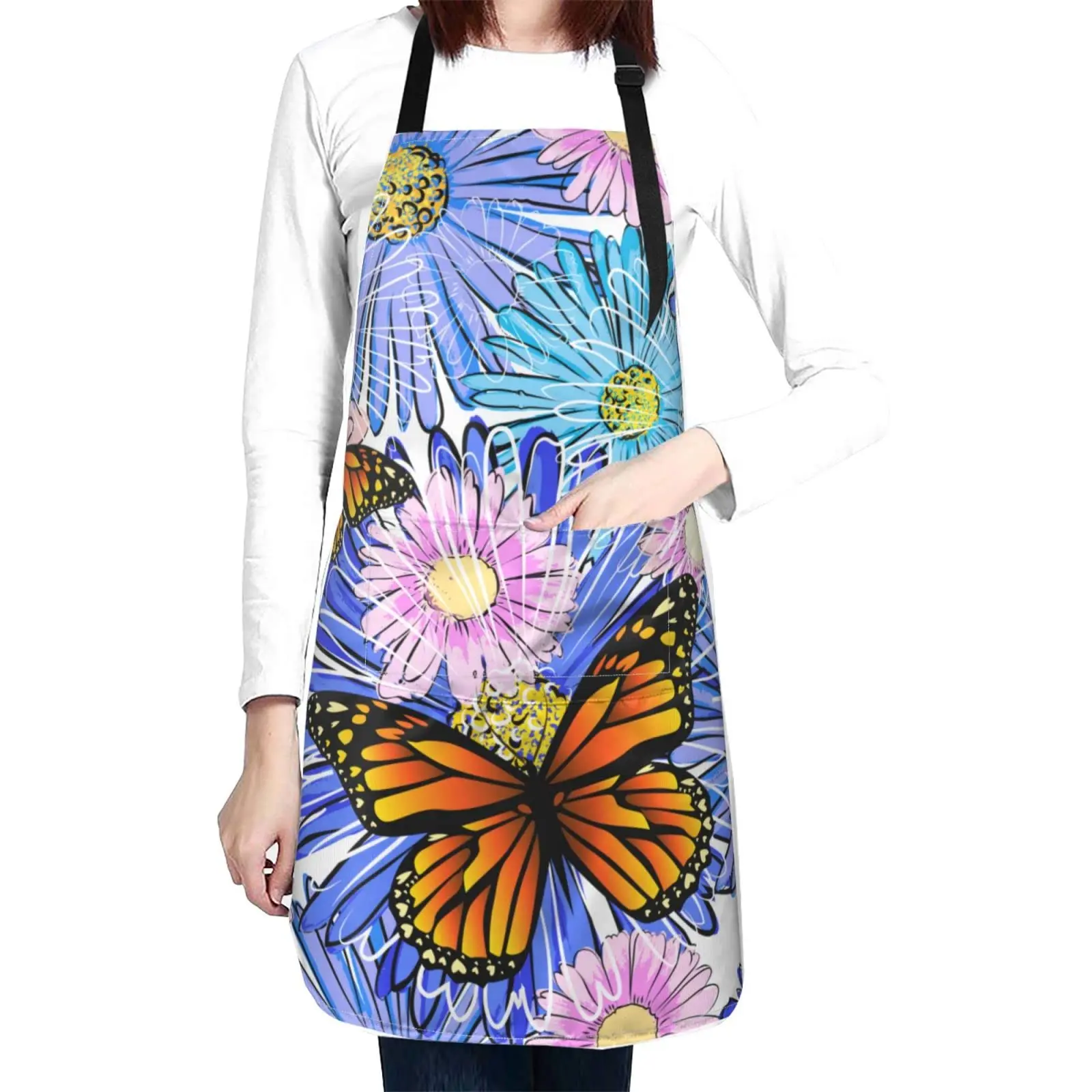 

Artistic Flower Apron with Butterfly Pattern for Women Teen Girls Unisex, Beautiful Blue and Pink Daisy Waterproof Apron