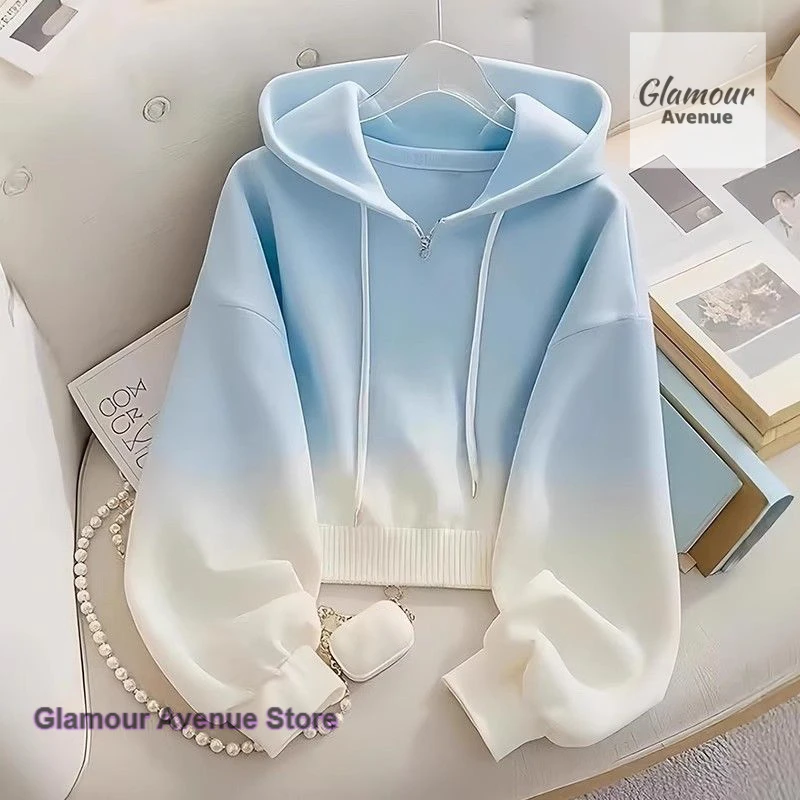 

French style dopamine blue gradient high sense hooded sweater coat women's spring and autumn new unique super nice blouse.